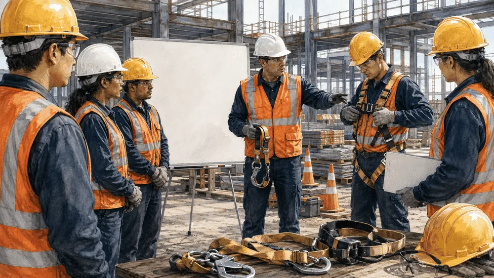 Illustrated crew and construction safety scene