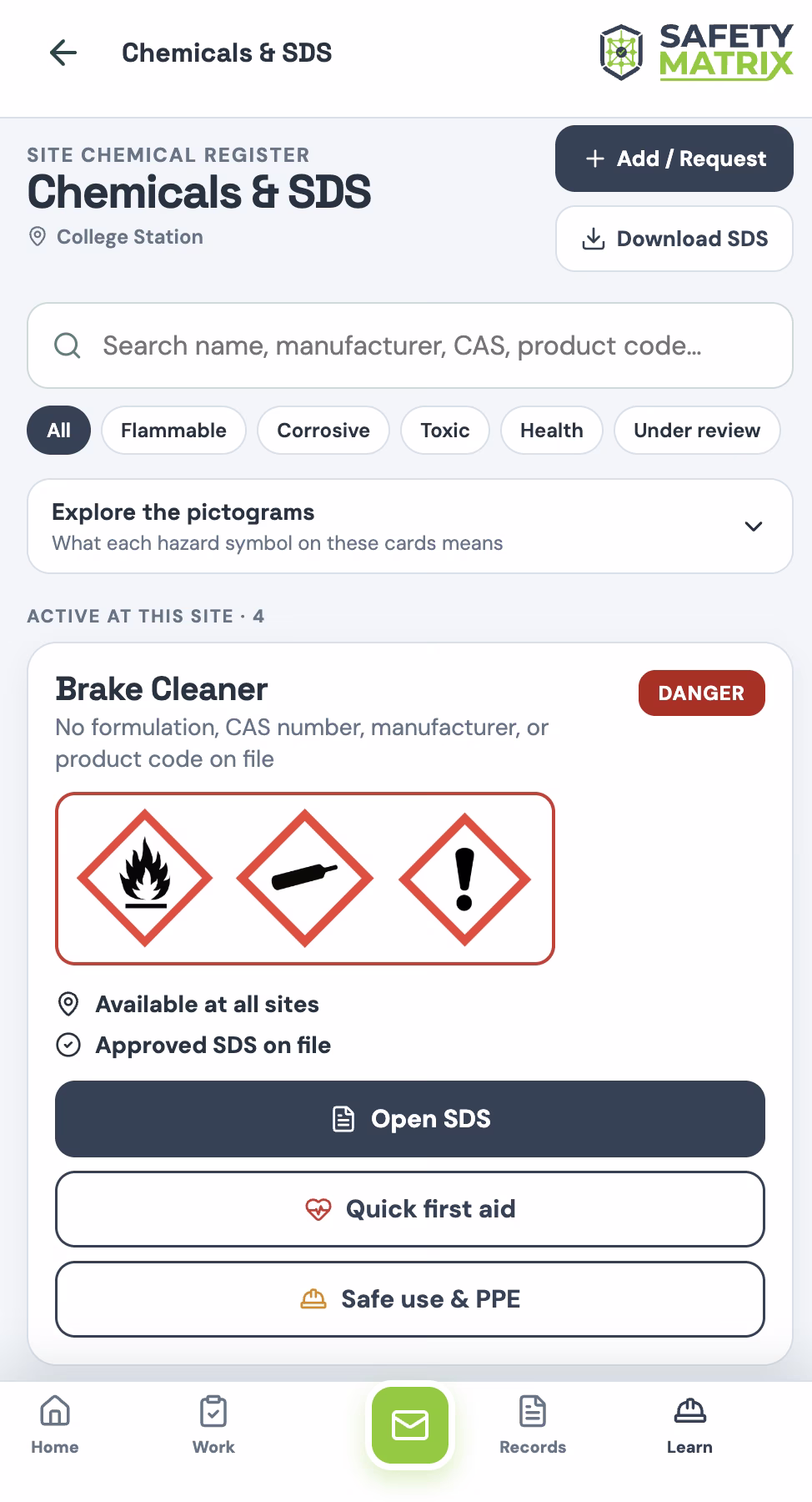 CHEMICALS & SDS in the Safety Matrix crew app