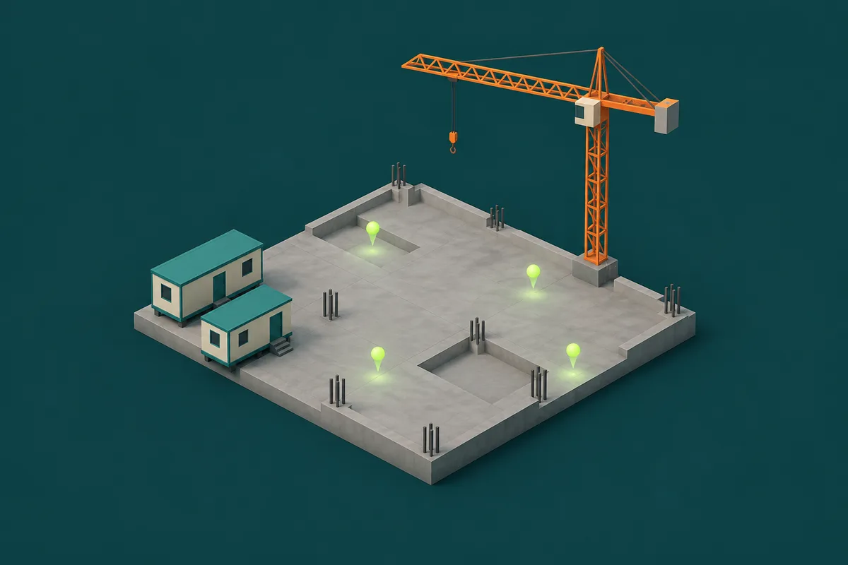 Illustrative construction site with a crane, trailers and four clock-in markers; not live worker positions